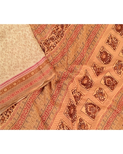 Sanskriti Vintage Sarees Cream From Indian Printed Pure Silk Sari Craft Fabric, PR-61155-Cream-Printed Floral Design-Pure Silk-3