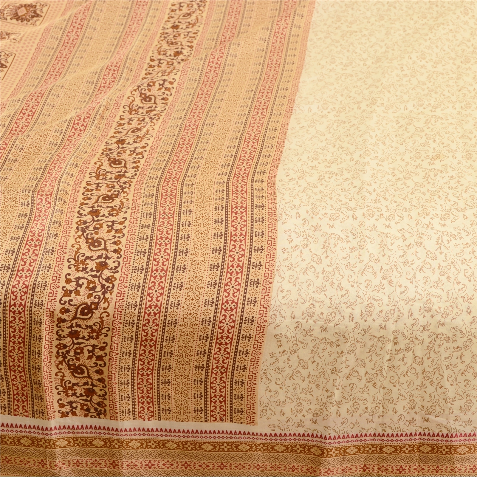 Sanskriti Vintage Sarees Cream From Indian Printed Pure Silk Sari Craft Fabric, PR-61155-Cream-Printed Floral Design-Pure Silk-4