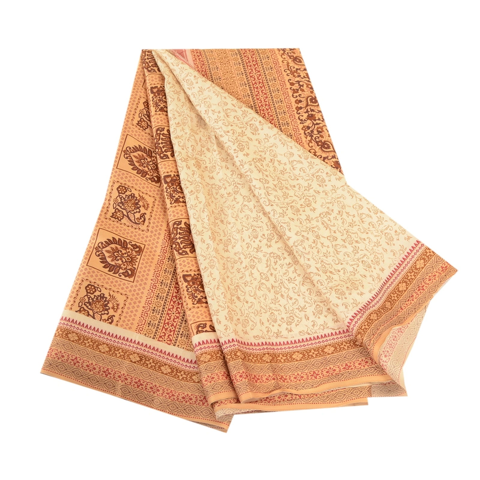 Sanskriti Vintage Sarees Cream From Indian Printed Pure Silk Sari Craft Fabric, PR-61155-Cream-Printed Floral Design-Pure Silk-7