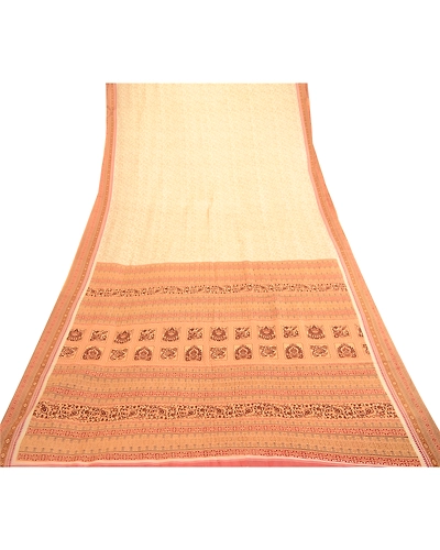 Sanskriti Vintage Sarees Cream From Indian Printed Pure Silk Sari Craft Fabric, PR-61155-Cream-Printed Floral Design-Pure Silk-8