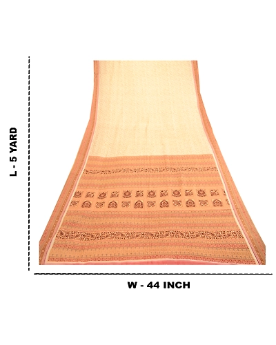 Sanskriti Vintage Sarees Cream From Indian Printed Pure Silk Sari Craft Fabric, PR-61155-Cream-Printed Floral Design-Pure Silk-9