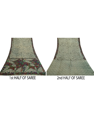 Sanskriti Vintage Sarees Indian Green Pure Silk Printed Sari 5Yd Craft Fabric, PR-61173-Green-Printed Floral Design-Pure Silk-4