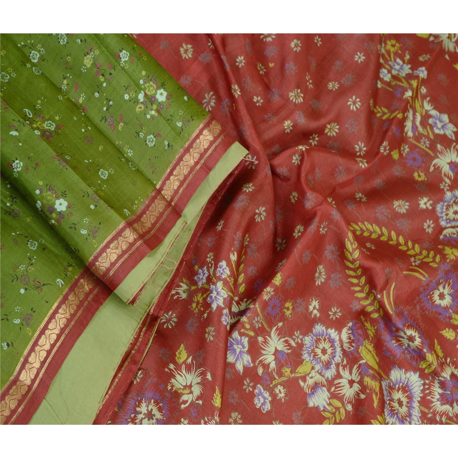 Sanskriti Vintage Sarees Green Pure Silk Printed Zari Border Sari Craft Fabric, PR-61175-Green-Printed Floral Design-Pure Silk-1