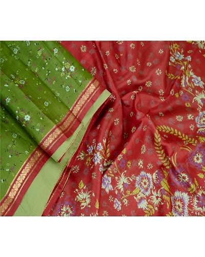 Sanskriti Vintage Sarees Green Pure Silk Printed Zari Border Sari Craft Fabric, PR-61175-Green-Printed Floral Design-Pure Silk-1