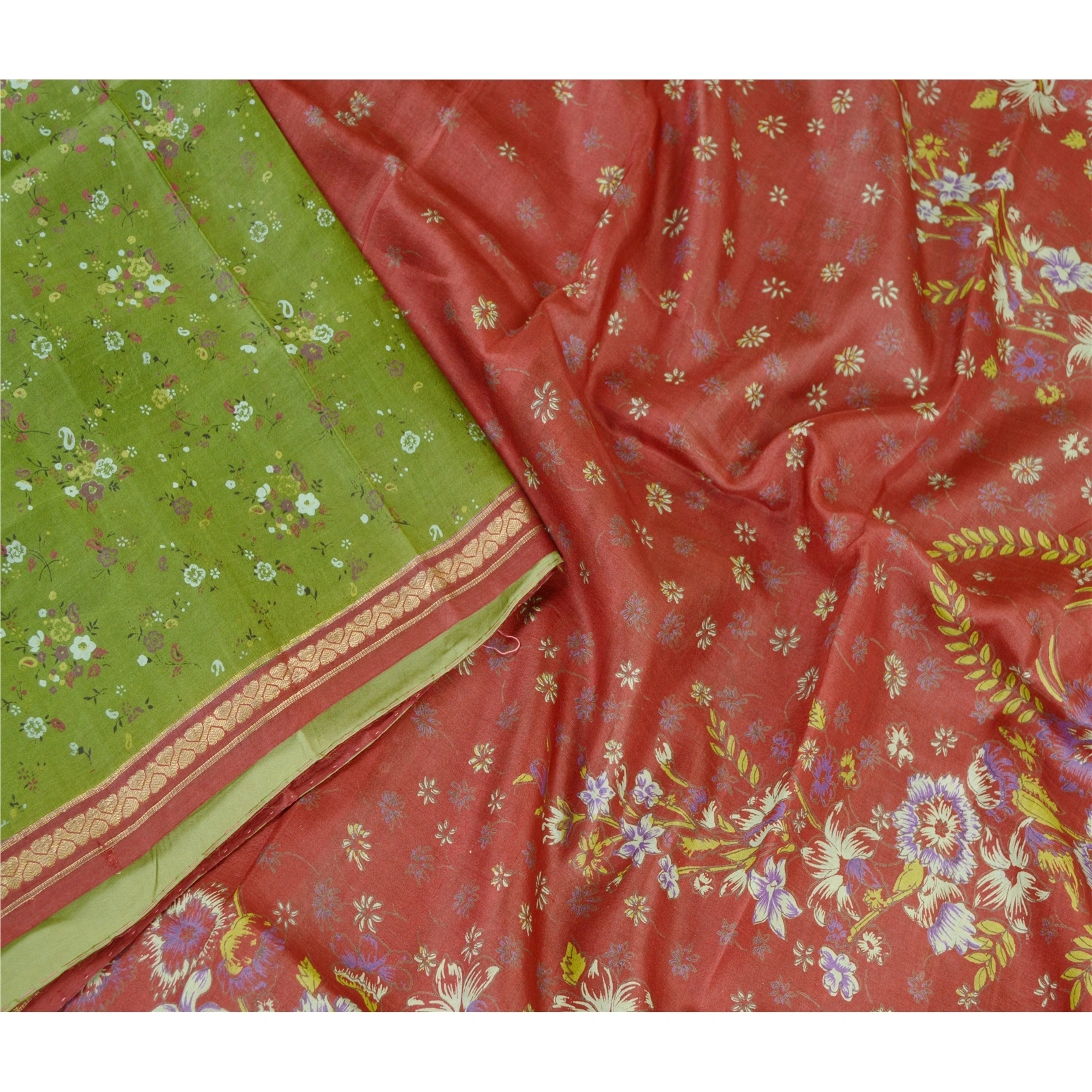 Sanskriti Vintage Sarees Green Pure Silk Printed Zari Border Sari Craft Fabric, PR-61175-Green-Printed Floral Design-Pure Silk-2