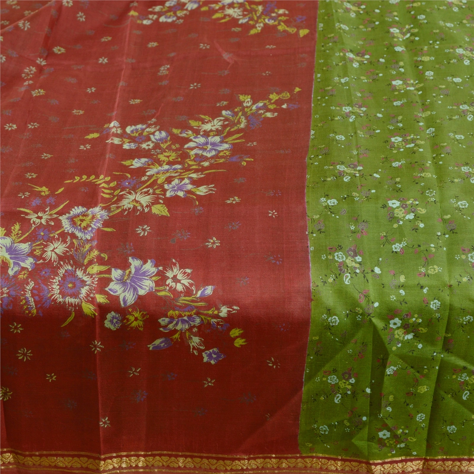 Sanskriti Vintage Sarees Green Pure Silk Printed Zari Border Sari Craft Fabric, PR-61175-Green-Printed Floral Design-Pure Silk-3