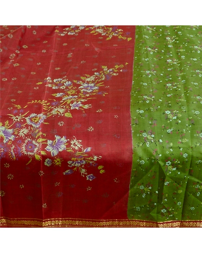 Sanskriti Vintage Sarees Green Pure Silk Printed Zari Border Sari Craft Fabric, PR-61175-Green-Printed Floral Design-Pure Silk-3