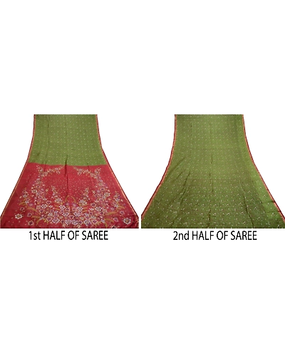 Sanskriti Vintage Sarees Green Pure Silk Printed Zari Border Sari Craft Fabric, PR-61175-Green-Printed Floral Design-Pure Silk-4