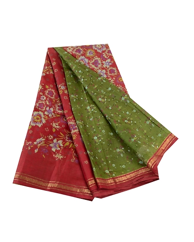 Sanskriti Vintage Sarees Green Pure Silk Printed Zari Border Sari Craft Fabric, PR-61175-Green-Printed Floral Design-Pure Silk-6