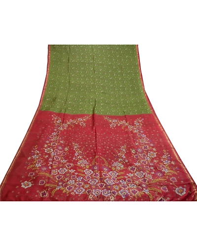 Sanskriti Vintage Sarees Green Pure Silk Printed Zari Border Sari Craft Fabric, PR-61175-Green-Printed Floral Design-Pure Silk-7
