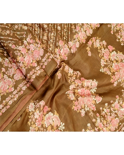 Sanskriti Vintage Sarees Indian Brown Pure Silk Printed Sari Floral Craft Fabric, PR-61178-Brown-Printed Floral Design-Pure Silk-1