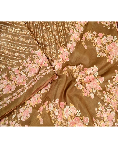 Sanskriti Vintage Sarees Indian Brown Pure Silk Printed Sari Floral Craft Fabric, PR-61178-Brown-Printed Floral Design-Pure Silk-2