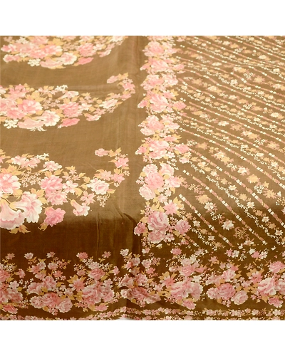Sanskriti Vintage Sarees Indian Brown Pure Silk Printed Sari Floral Craft Fabric, PR-61178-Brown-Printed Floral Design-Pure Silk-3