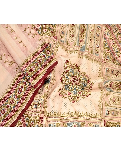 Sanskriti Vintage Sarees Indian Cream Pure Silk Printed Sari Floral Craft Fabric, PR-61182-Cream-Printed Floral Design-Pure Silk-1