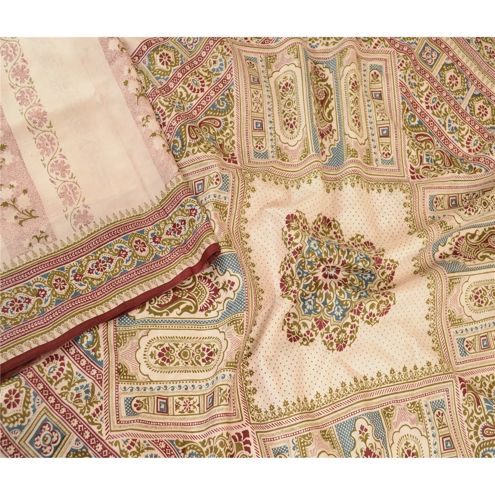 Sanskriti Vintage Sarees Indian Cream Pure Silk Printed Sari Floral Craft Fabric, PR-61182-Cream-Printed Floral Design-Pure Silk-2