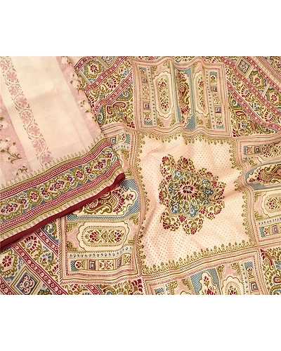 Sanskriti Vintage Sarees Indian Cream Pure Silk Printed Sari Floral Craft Fabric, PR-61182-Cream-Printed Floral Design-Pure Silk-2