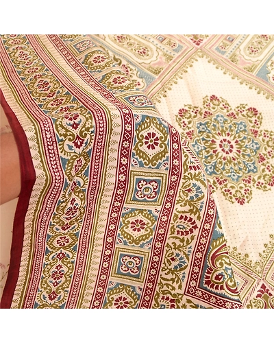 Sanskriti Vintage Sarees Indian Cream Pure Silk Printed Sari Floral Craft Fabric, PR-61182-Cream-Printed Floral Design-Pure Silk-5