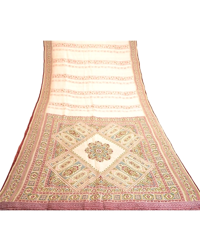 Sanskriti Vintage Sarees Indian Cream Pure Silk Printed Sari Floral Craft Fabric, PR-61182-Cream-Printed Floral Design-Pure Silk-7