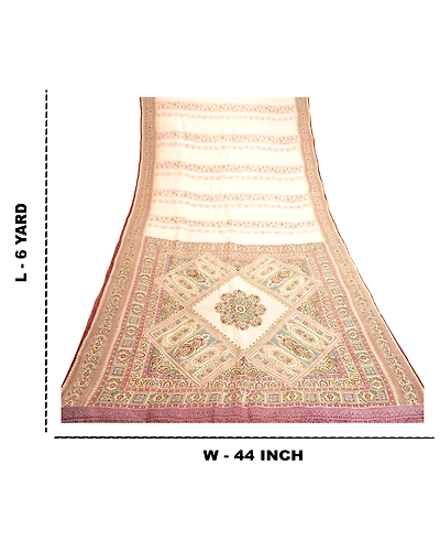 Sanskriti Vintage Sarees Indian Cream Pure Silk Printed Sari Floral Craft Fabric, PR-61182-Cream-Printed Floral Design-Pure Silk-8