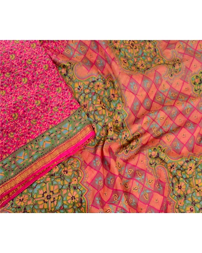 Sanskriti Vintage Sarees From India Pink Pure Silk Print Zari Border Sari Fabric, PR-61185-Pink-Printed Floral Design-Pure Silk-2