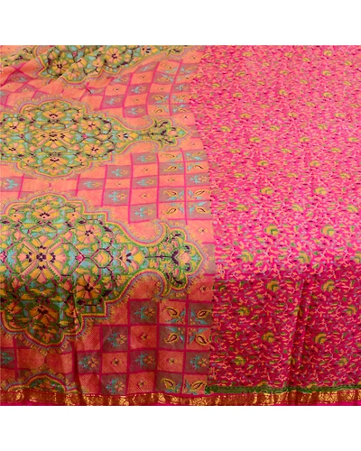 Sanskriti Vintage Sarees From India Pink Pure Silk Print Zari Border Sari Fabric, PR-61185-Pink-Printed Floral Design-Pure Silk-3