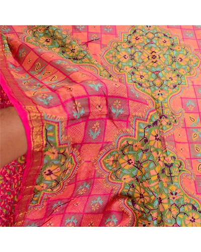 Sanskriti Vintage Sarees From India Pink Pure Silk Print Zari Border Sari Fabric, PR-61185-Pink-Printed Floral Design-Pure Silk-5