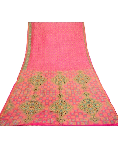 Sanskriti Vintage Sarees From India Pink Pure Silk Print Zari Border Sari Fabric, PR-61185-Pink-Printed Floral Design-Pure Silk-7
