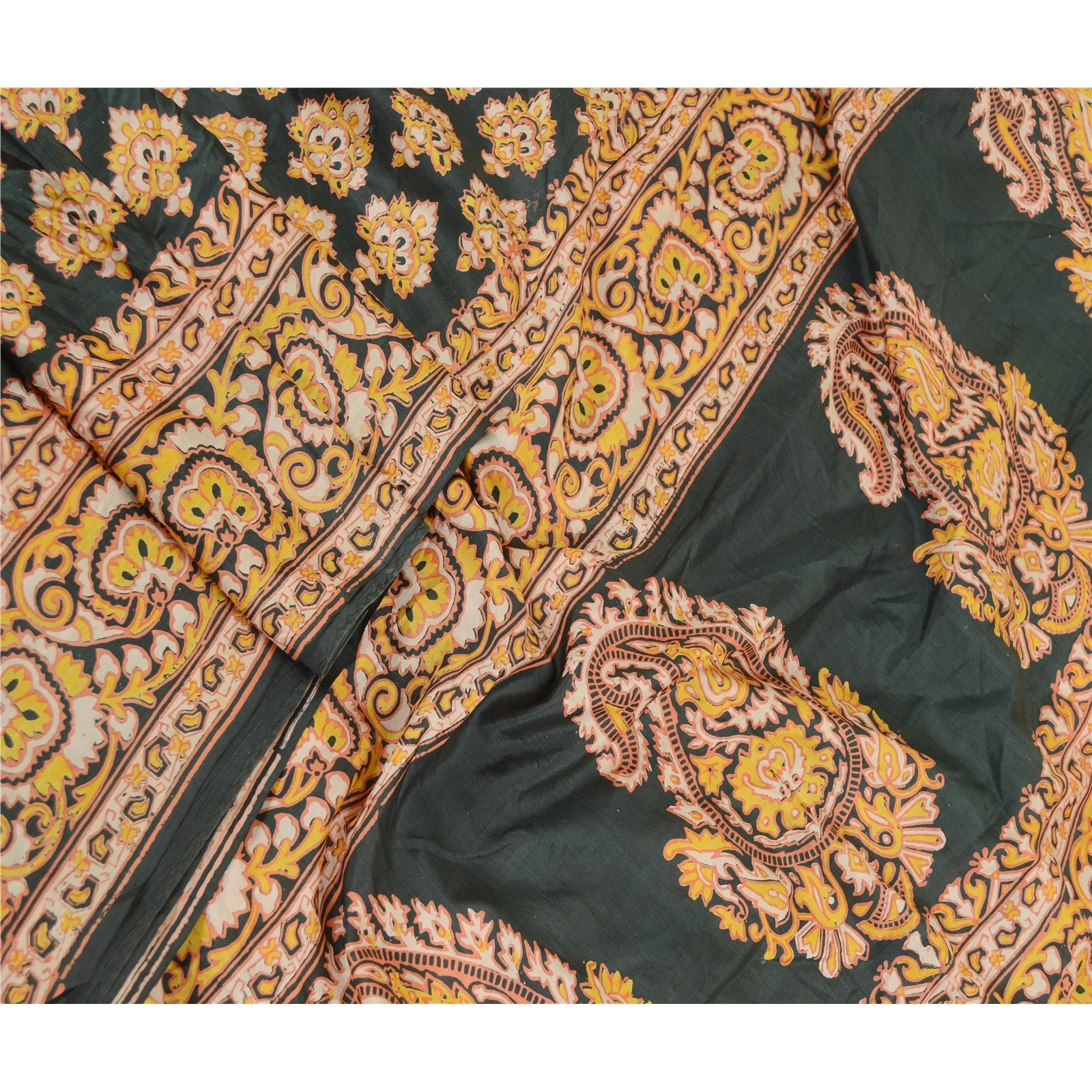 Sanskriti Vintage Sarees Indian Green Pure Silk Printed Sari Floral Craft Fabric, PR-61198-Green-Printed Floral Design-Pure Silk-1