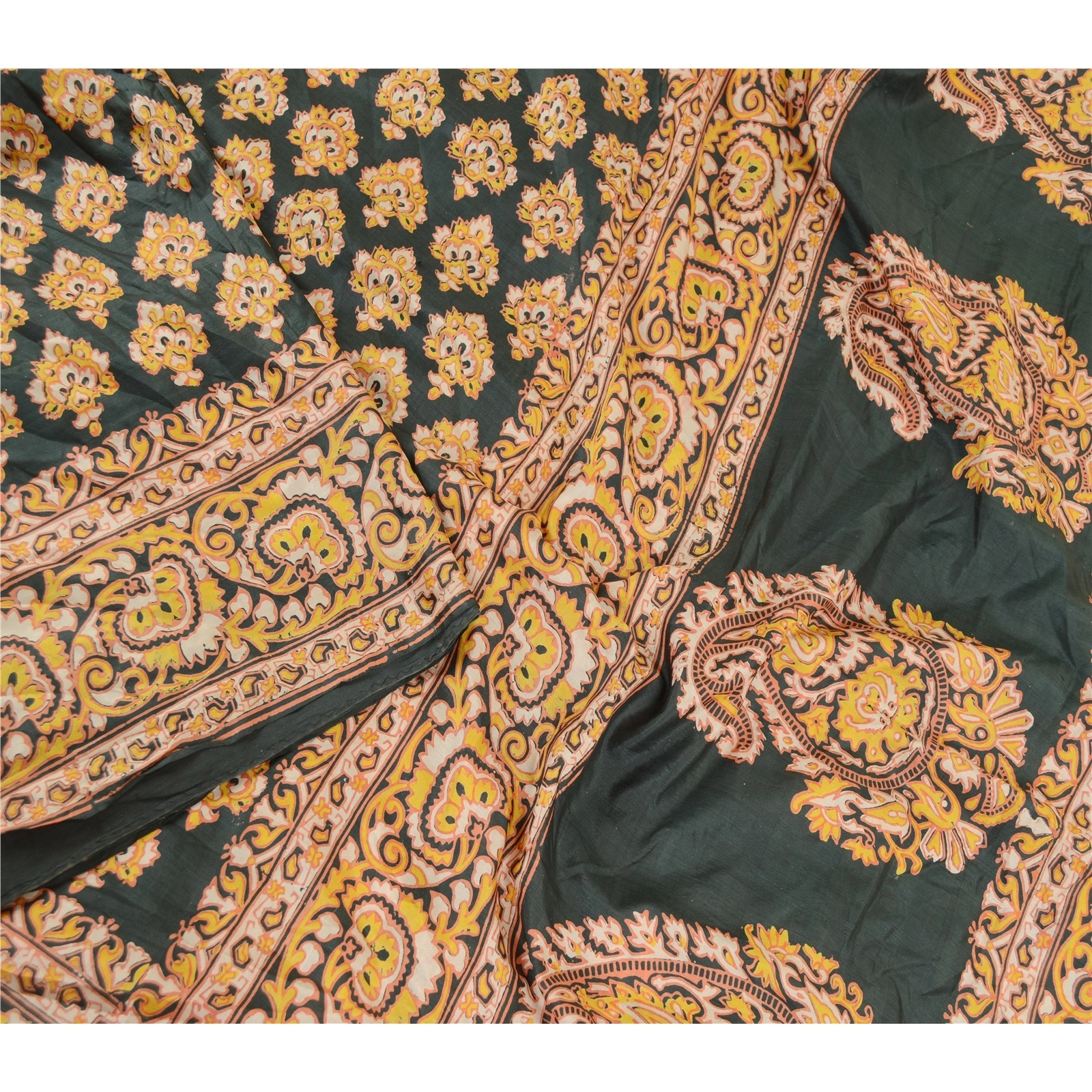 Sanskriti Vintage Sarees Indian Green Pure Silk Printed Sari Floral Craft Fabric, PR-61198-Green-Printed Floral Design-Pure Silk-2