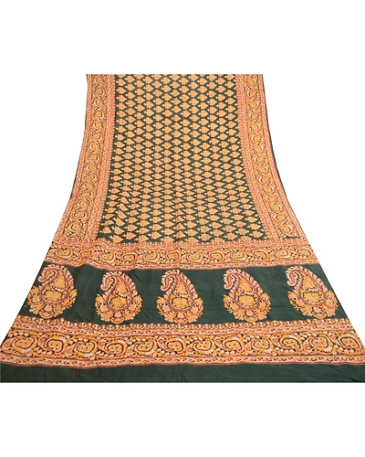 Sanskriti Vintage Sarees Indian Green Pure Silk Printed Sari Floral Craft Fabric, PR-61198-Green-Printed Floral Design-Pure Silk-7