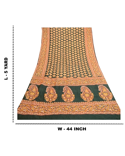 Sanskriti Vintage Sarees Indian Green Pure Silk Printed Sari Floral Craft Fabric, PR-61198-Green-Printed Floral Design-Pure Silk-8