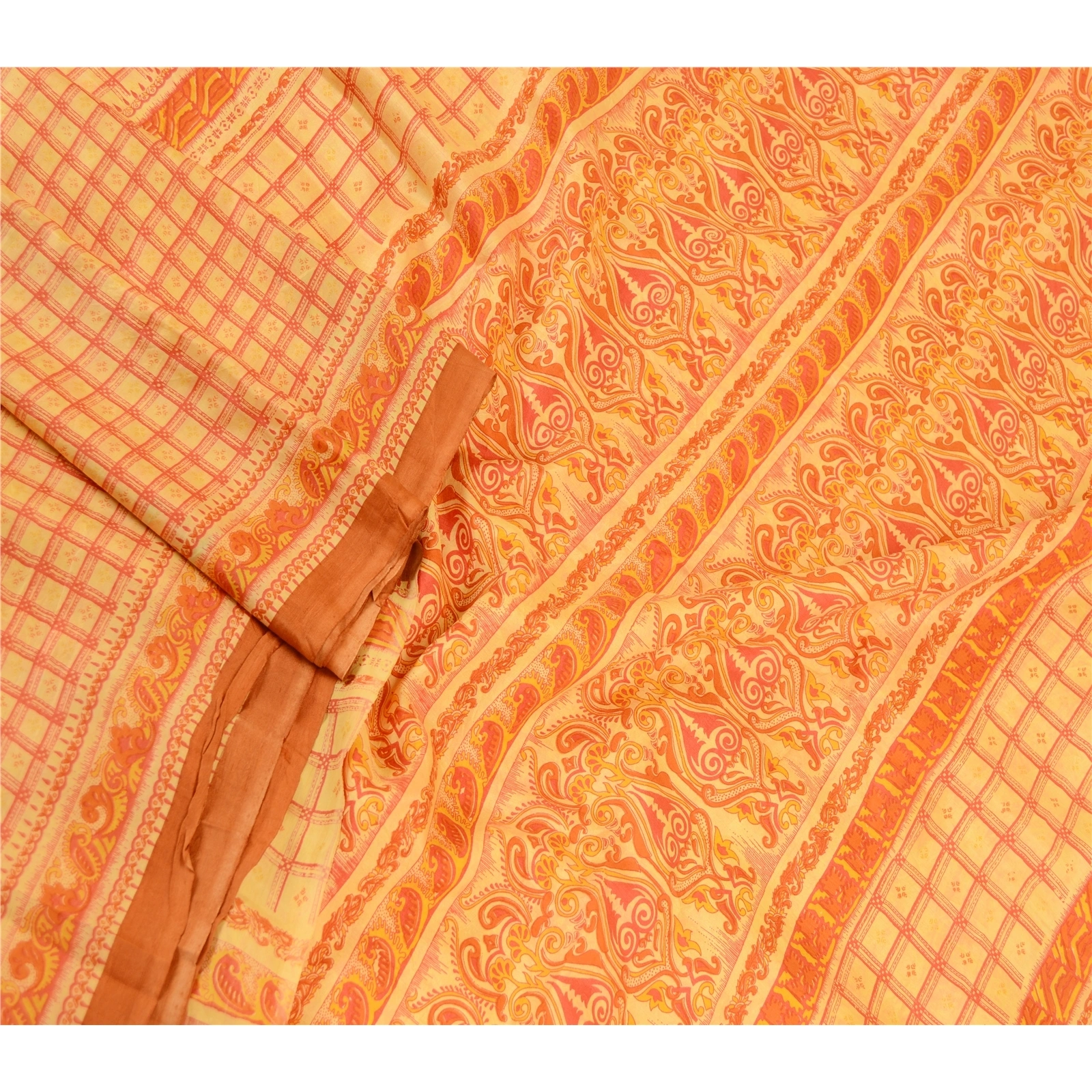 Sanskriti Vintage Sarees Yellow Indian Pure Silk Printed Sari 5Yd Craft Fabric, PR-61216-Yellow-Printed Floral Design-Pure Silk-1