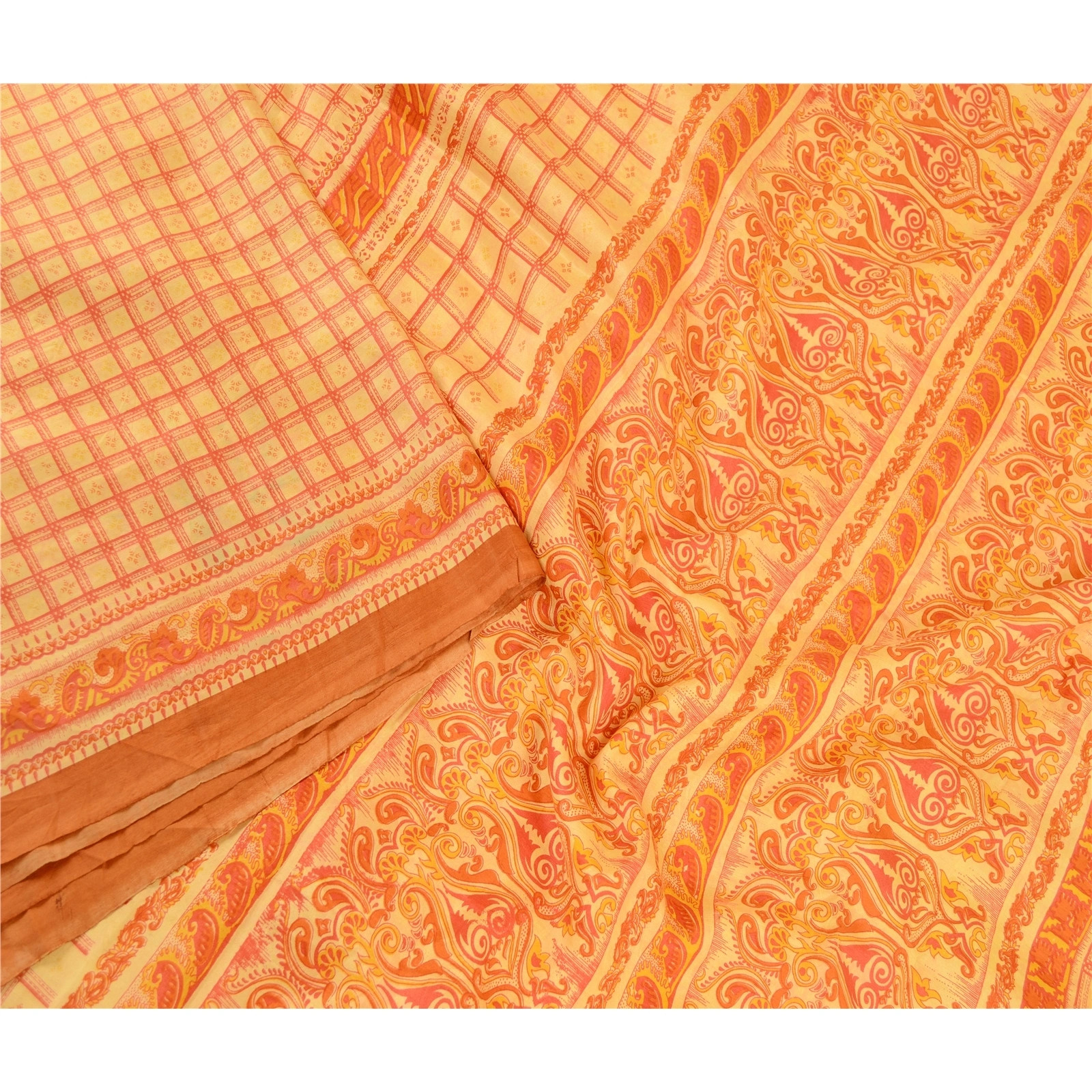 Sanskriti Vintage Sarees Yellow Indian Pure Silk Printed Sari 5Yd Craft Fabric, PR-61216-Yellow-Printed Floral Design-Pure Silk-2