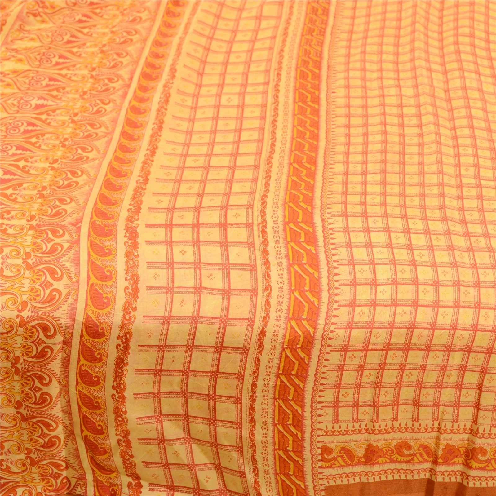 Sanskriti Vintage Sarees Yellow Indian Pure Silk Printed Sari 5Yd Craft Fabric, PR-61216-Yellow-Printed Floral Design-Pure Silk-3