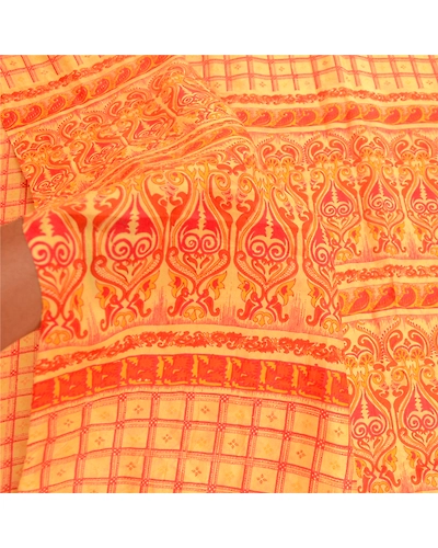 Sanskriti Vintage Sarees Yellow Indian Pure Silk Printed Sari 5Yd Craft Fabric, PR-61216-Yellow-Printed Floral Design-Pure Silk-5