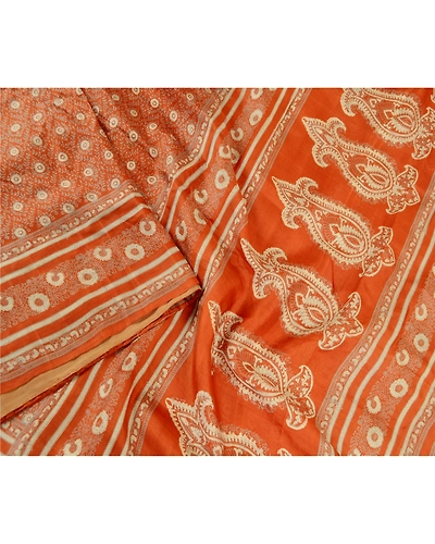 Sanskriti Vintage Sarees Rusty Orange Pure Silk Printed Sari Floral Craft Fabric, PR-61219-Orange-Printed Floral Design-Pure Silk-2