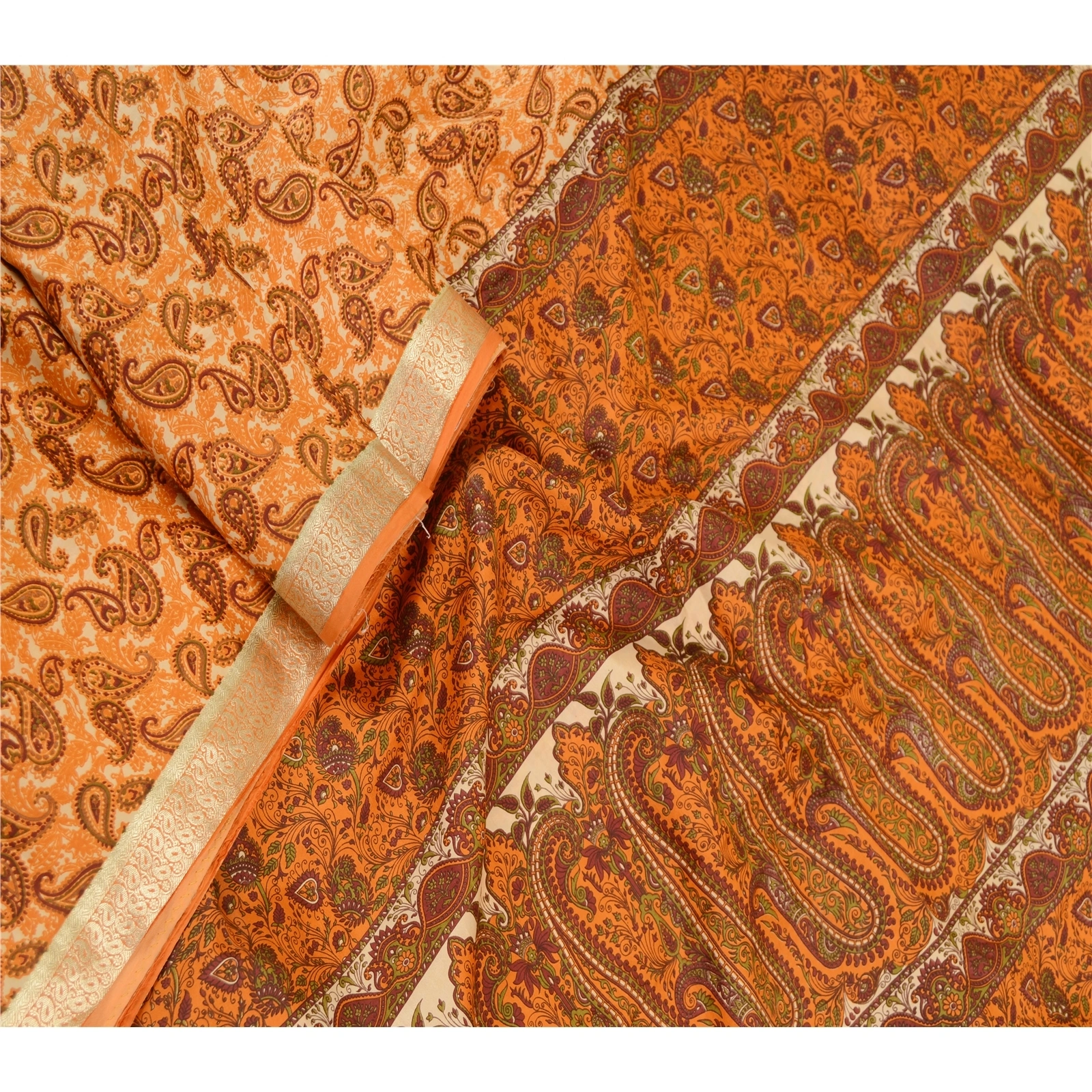 Sanskriti Vintage Sarees Orange Pure Silk Printed Zari Border Sari Craft Fabric, PR-61227-Orange-Printed Floral Design-Pure Silk-1