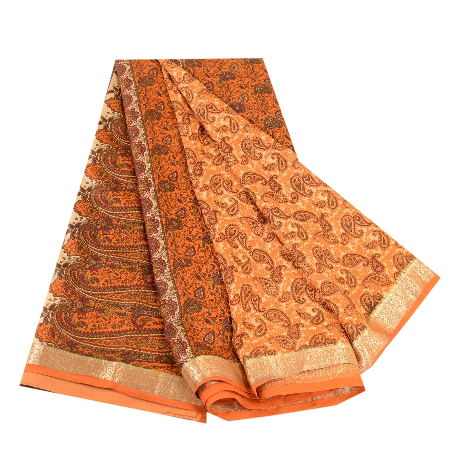 Sanskriti Vintage Sarees Orange Pure Silk Printed Zari Border Sari Craft Fabric, PR-61227-Orange-Printed Floral Design-Pure Silk-6