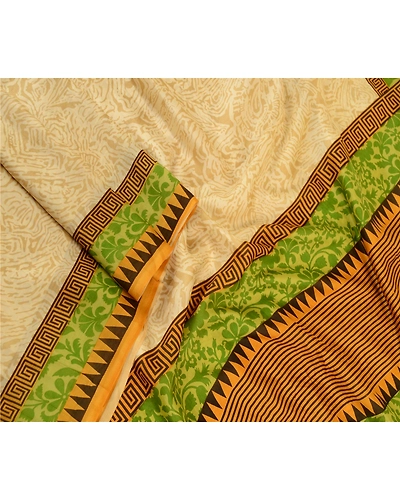 Sanskriti Vintage Sarees Ivory From India Printed Pure Silk Sari Craft Fabric, PR-61242-Cream-Printed Floral Design-Pure Silk-1