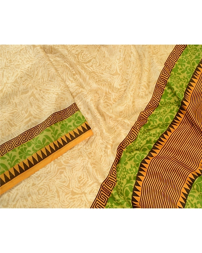 Sanskriti Vintage Sarees Ivory From India Printed Pure Silk Sari Craft Fabric, PR-61242-Cream-Printed Floral Design-Pure Silk-2