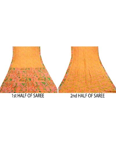 Sanskriti Vintage Sarees Yellow Indian 100% Pure Silk Printed Sari Craft Fabric, PR-61252-Yellow-Printed Floral Design-Pure Silk-4