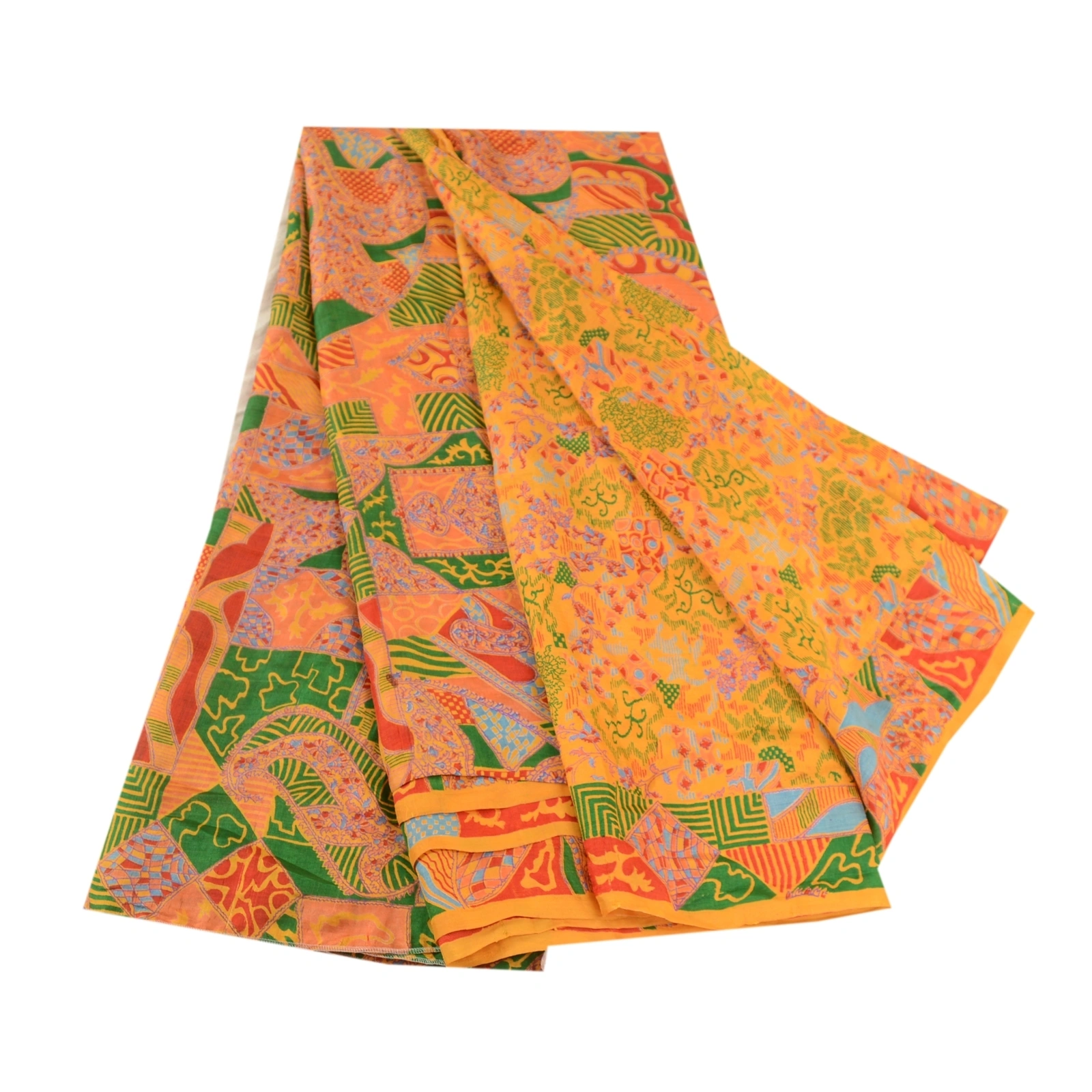 Sanskriti Vintage Sarees Yellow Indian 100% Pure Silk Printed Sari Craft Fabric, PR-61252-Yellow-Printed Floral Design-Pure Silk-6