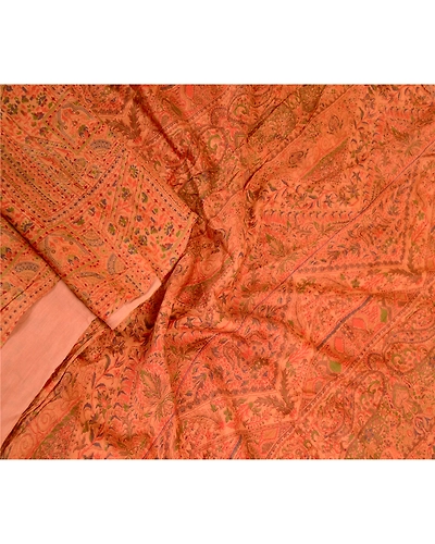Sanskriti Vintage Sarees Saffron Indian Pure Silk Printed Sari 5Yd Craft Fabric, PR-61258-Saffron-Printed Floral Design-Pure Silk-1