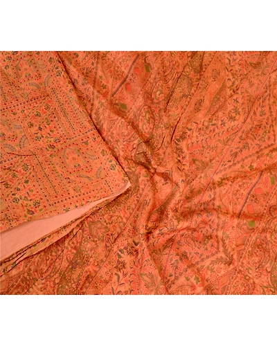 Sanskriti Vintage Sarees Saffron Indian Pure Silk Printed Sari 5Yd Craft Fabric, PR-61258-Saffron-Printed Floral Design-Pure Silk-2