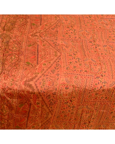 Sanskriti Vintage Sarees Saffron Indian Pure Silk Printed Sari 5Yd Craft Fabric, PR-61258-Saffron-Printed Floral Design-Pure Silk-3
