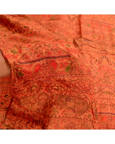 Sanskriti Vintage Sarees Saffron Indian Pure Silk Printed Sari 5Yd Craft Fabric, PR-61258-Saffron-Printed Floral Design-Pure Silk-5