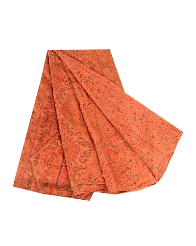 Sanskriti Vintage Sarees Saffron Indian Pure Silk Printed Sari 5Yd Craft Fabric, PR-61258-Saffron-Printed Floral Design-Pure Silk-6