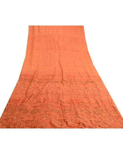 Sanskriti Vintage Sarees Saffron Indian Pure Silk Printed Sari 5Yd Craft Fabric, PR-61258-Saffron-Printed Floral Design-Pure Silk-7