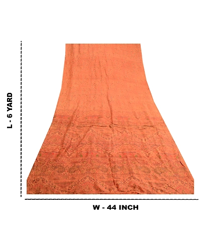Sanskriti Vintage Sarees Saffron Indian Pure Silk Printed Sari 5Yd Craft Fabric, PR-61258-Saffron-Printed Floral Design-Pure Silk-8