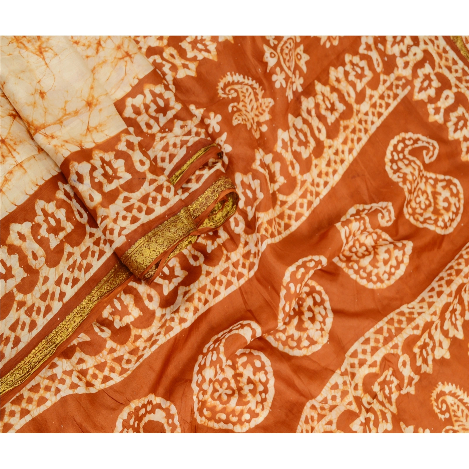 Sanskriti Vintage Sarees Cream Batik Printed Zari Border Pure Silk Sari Fabric, PR-61261-Cream-Printed Floral Design-Pure Silk-1